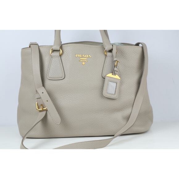 PRADA Vitello Daino Tote Taupe Gray Pebbled Grained Leather Shoulder Strap Bag - Picture 1 of 16